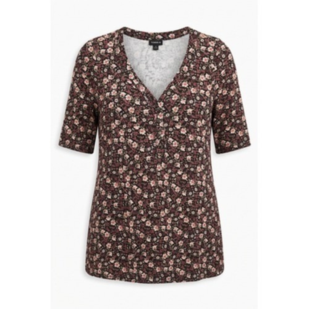 Torrid Top Women 2X Black Floral V Neck Button Short Sleeve Jersey Plus Tee